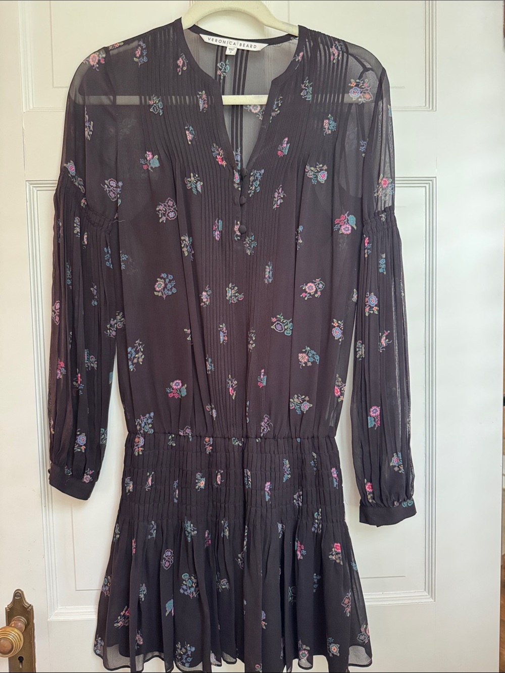 Veronica Beard Black Floral Long-Sleeve Pleated Mini Dress
